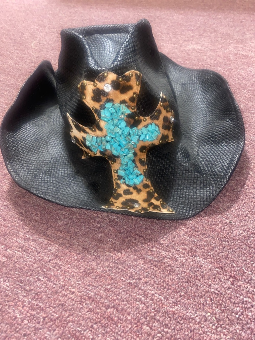 Black Women's Western Hat with Leopard Cross and Turquoise Accent